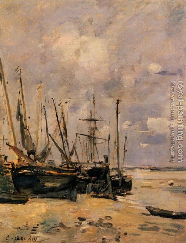Eugene Boudin : Boats at the Beach at Low Tide